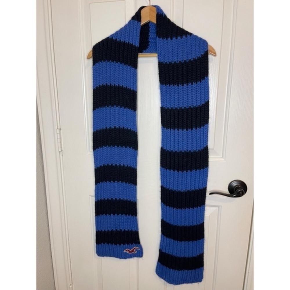 Y2K Hollister Royal Blue Black Knit Striped Long Scarf OS Dark Academia Mcbling